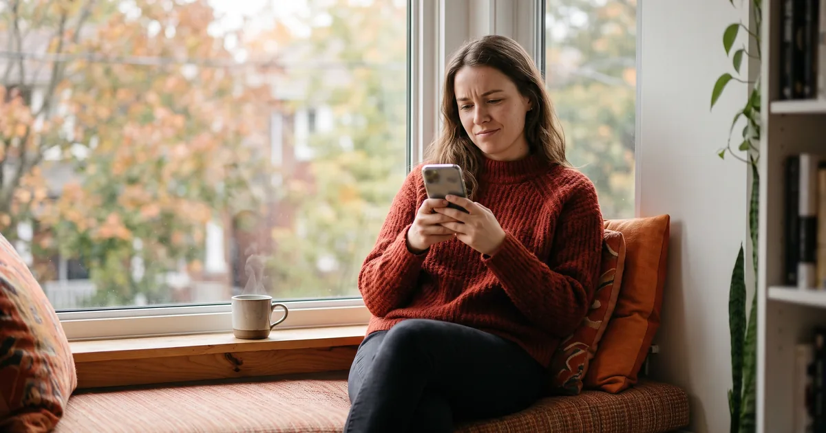 A young woman on a window seat looking thoughtfully at her phone