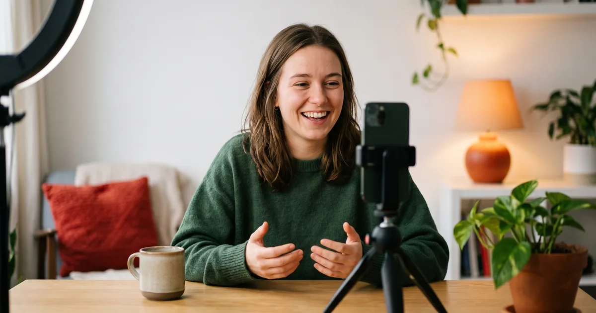 A Canadian creator hosting a TikTok LIVE from a phone on a tripod in a Toronto home studio