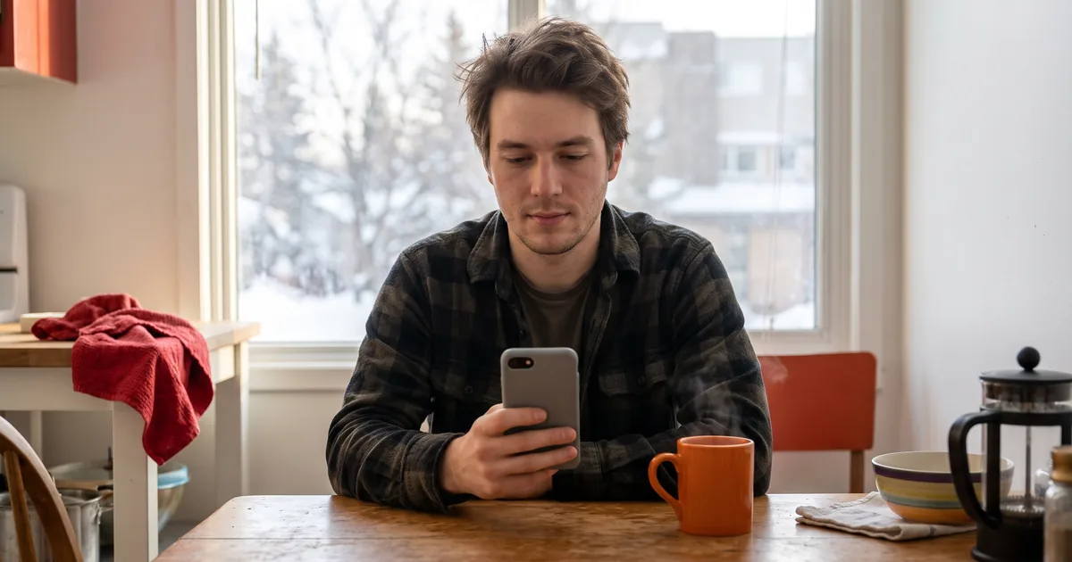 A young man at a kitchen table in Winnipeg on a winter morning, looking at his phone
